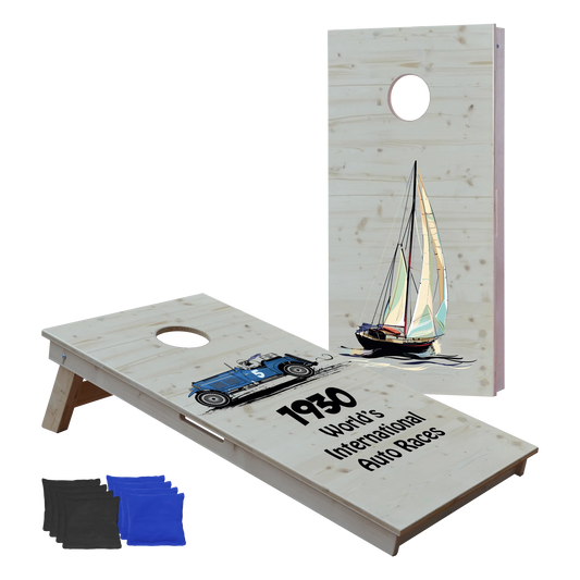 cornhole 2 planches motifs personnalisables sur fond de bois naturel, vue de face