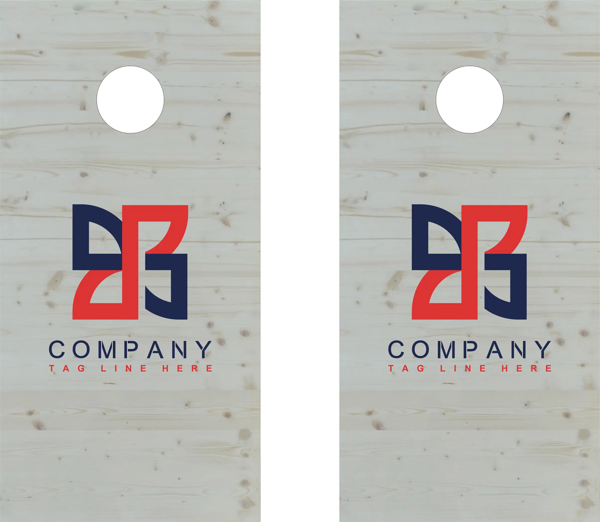 décor détaillé cornhole 2 planches motif personnalisable sur fond de bois naturel, vue de face