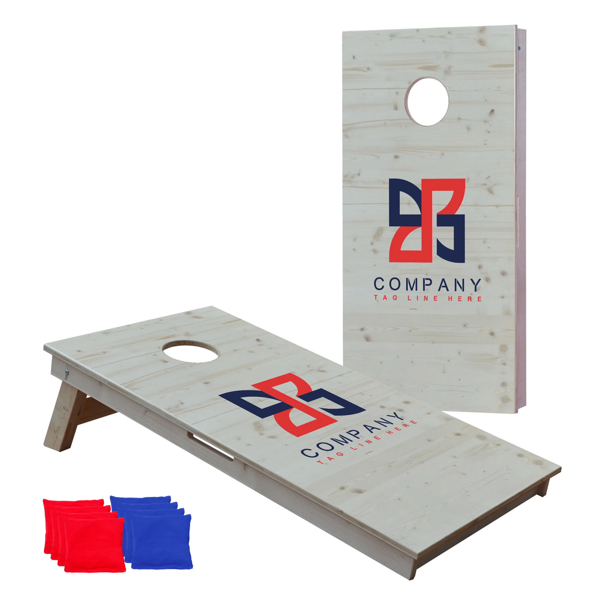 cornhole 2 planches motif personnalisable sur fond de bois naturel, vue de face