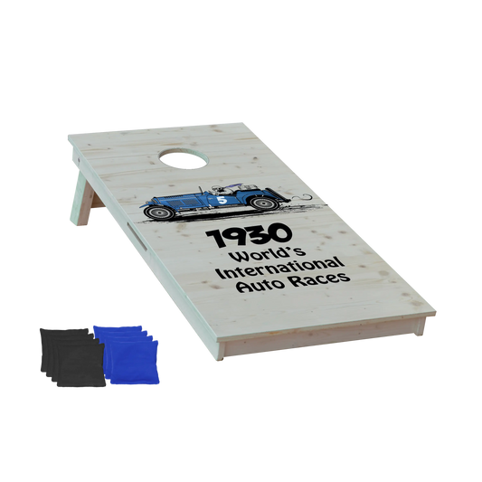 cornhole motif personnalisable sur fond de bois naturel, vue de face