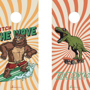 décor détaillé cornhole 2 planches ours surfeur et t-rex skateur, vue de face