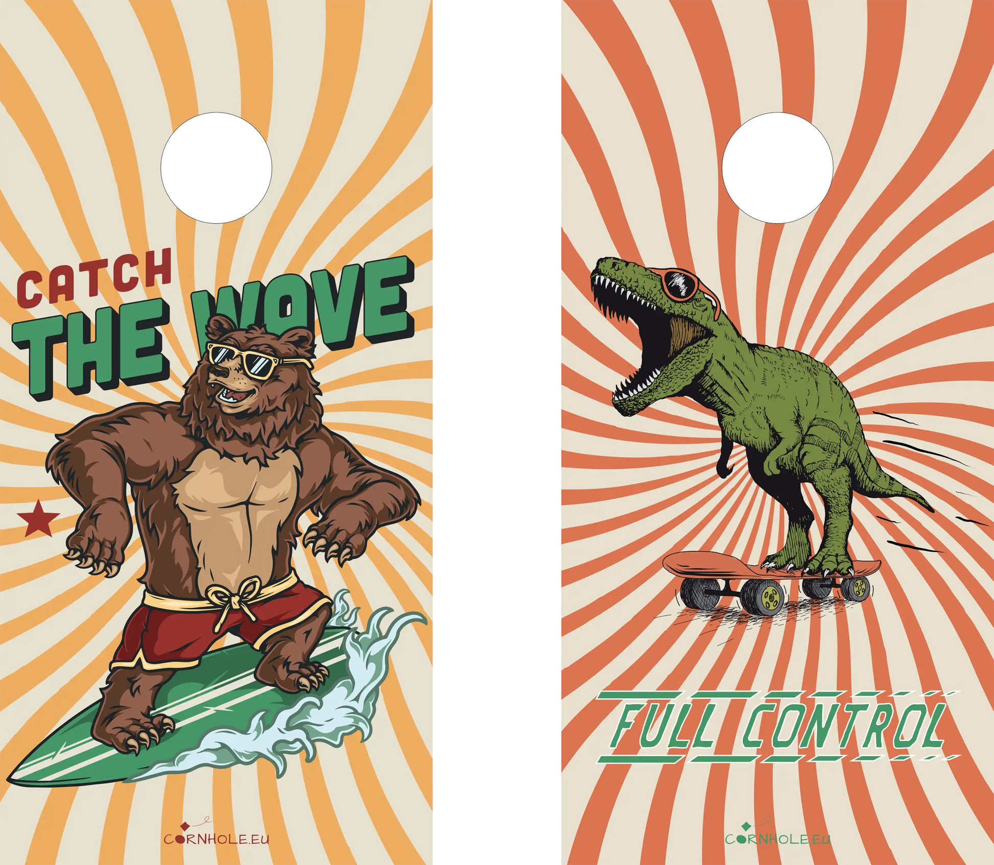 décor détaillé cornhole 2 planches ours surfeur et t-rex skateur, vue de face