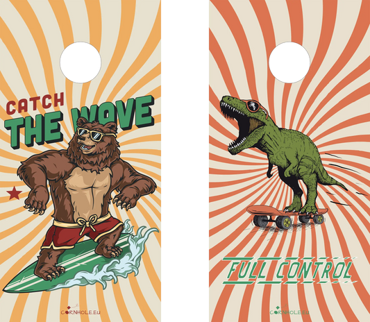 décor détaillé cornhole 2 planches ours surfeur et t-rex skateur, vue de face