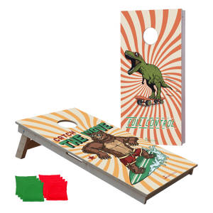 cornhole 2 planches ours surfeur et t-rex skateur, vue de face
