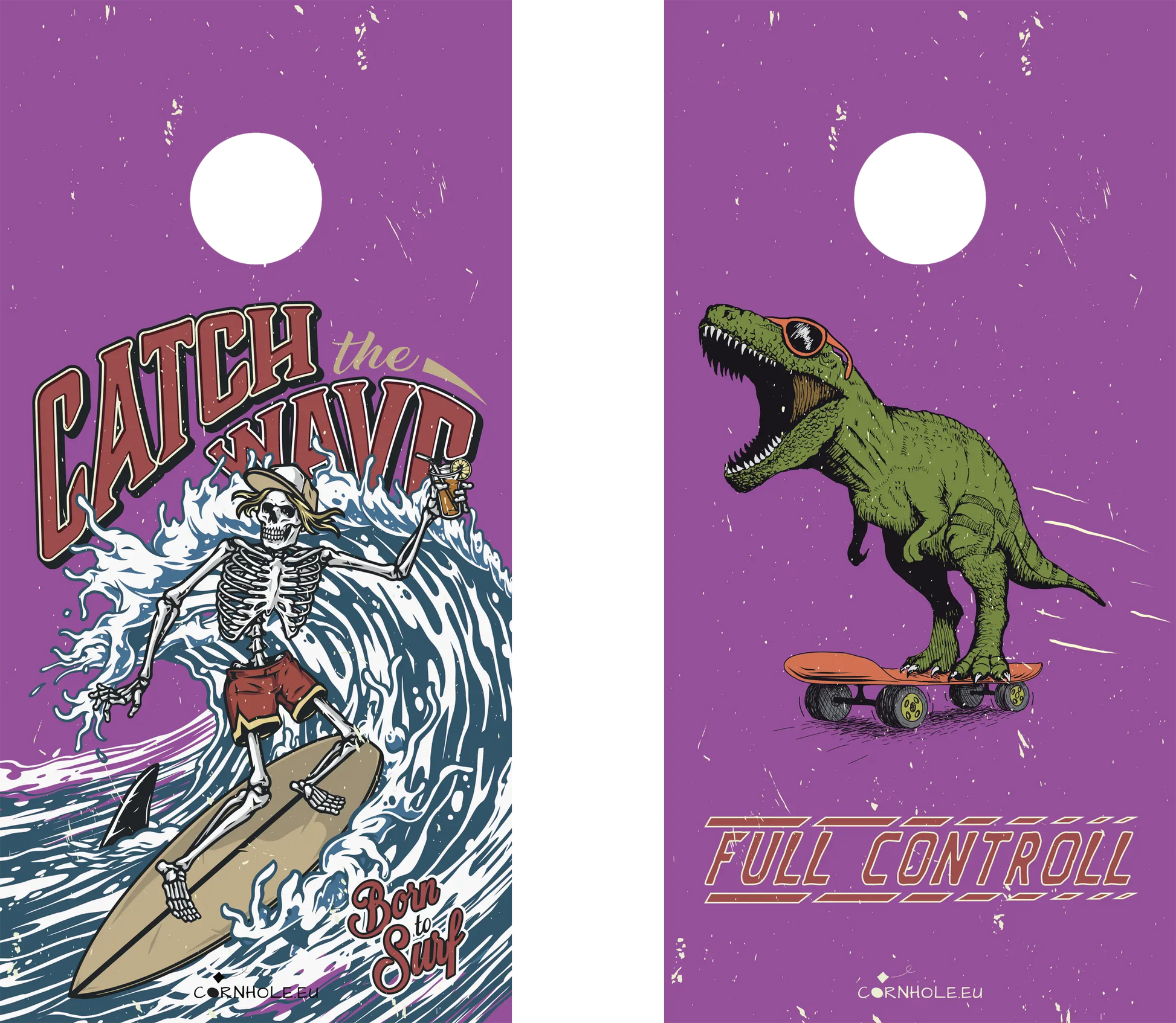 décor détaillé cornhole 2 planches squelette en train de surfer et t-rex en train de rider, vue de face