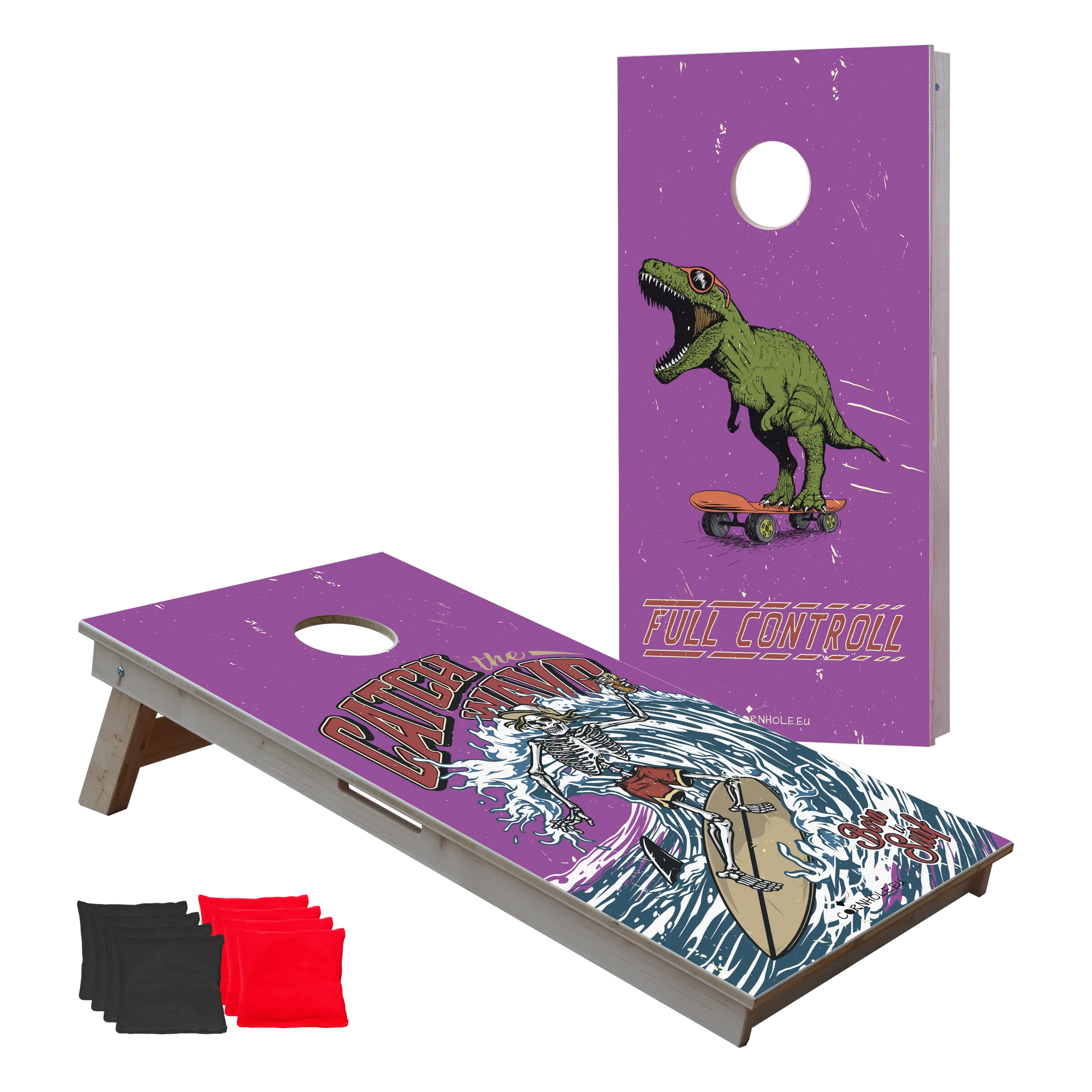 cornhole 2 planches squelette en train de surfer et t-rex en train de rider, vue de face