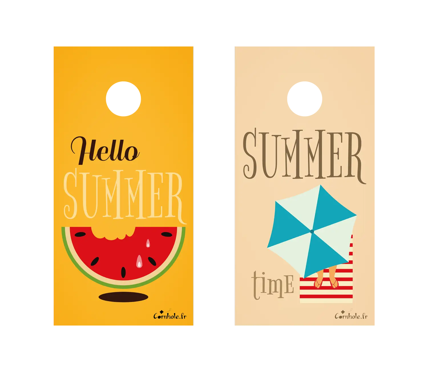 décor détaillé cornhole 2 planches format voyage plage et pastèque, vue de face