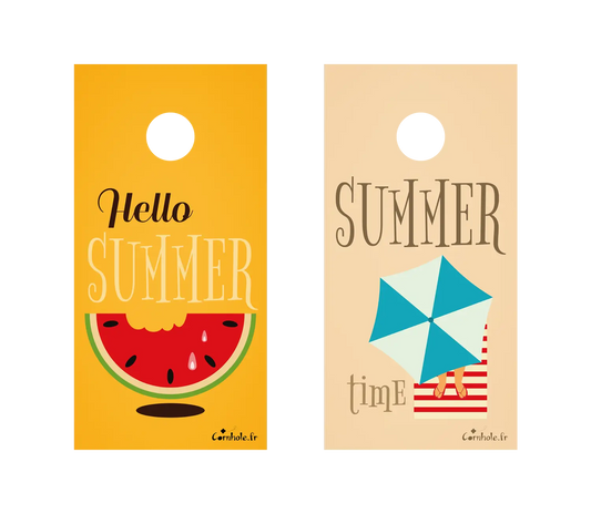 décor détaillé cornhole 2 planches format voyage plage et pastèque, vue de face