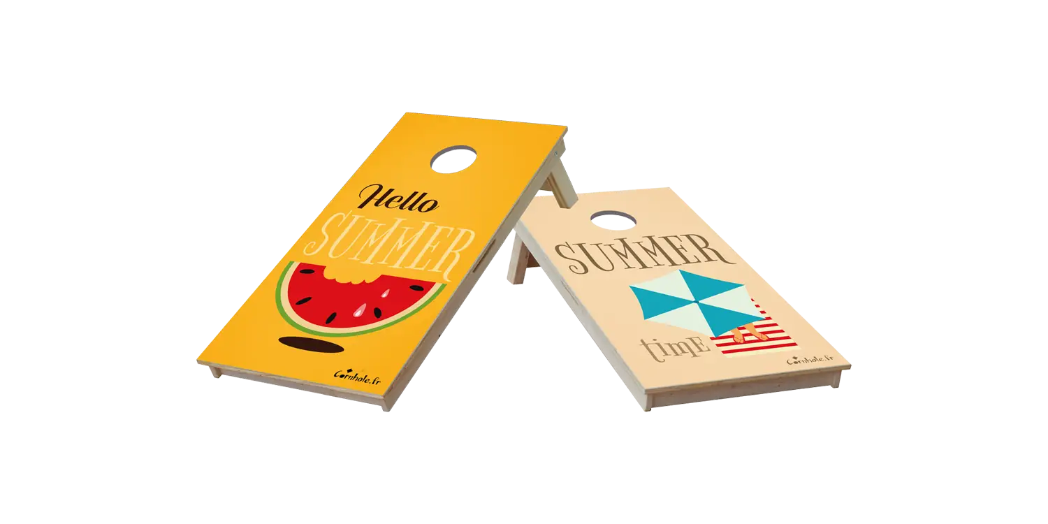 cornhole 2 planches format voyage plage et pastèque, vue de face