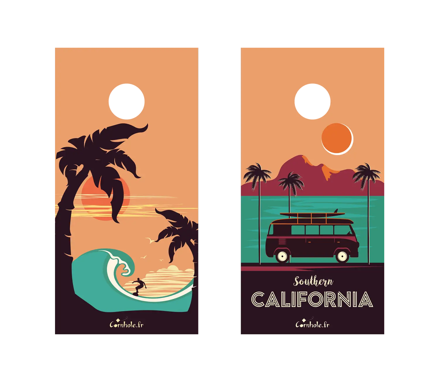 décor détaillé cornhole 2 planches format voyage surf et van de voyage, vue de face