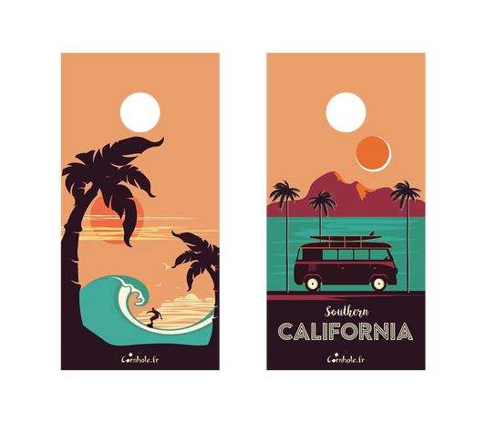 décor détaillé cornhole 2 planches format voyage surf et van de voyage, vue de face