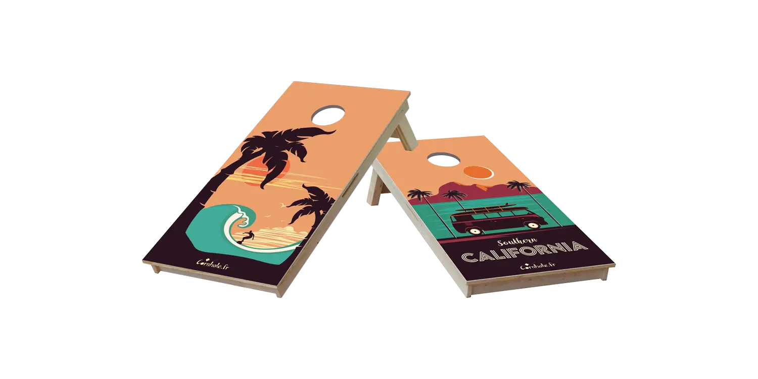 cornhole 2 planches format voyage surf et van de voyage, vue de face