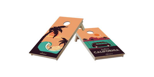 cornhole 2 planches format voyage surf et van de voyage, vue de face