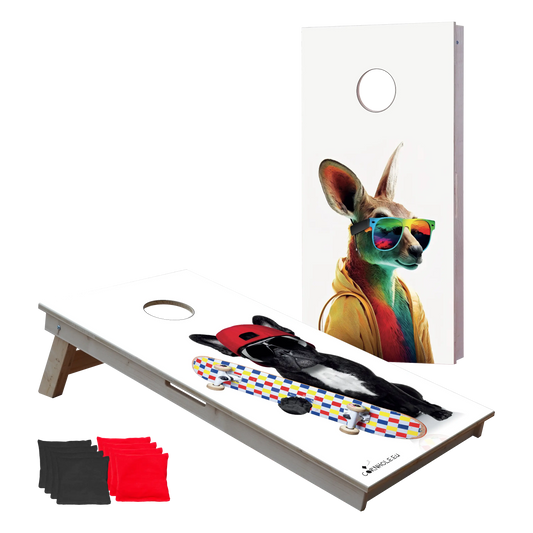 cornhole 2 planches bouledogue français et son skate, kangourou en pull capuche, vue de face