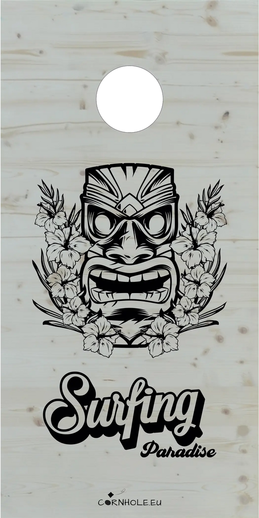 décor détaillé cornhole totem hawaïen, vue de face