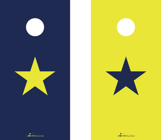 décor détaillé cornhole 2 planches étoile jaune et étoile bleue sur fonds inversés, vue de face