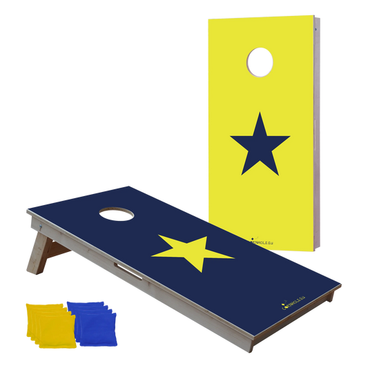 cornhole 2 planches étoile jaune et étoile bleue sur fonds inversés, vue de face