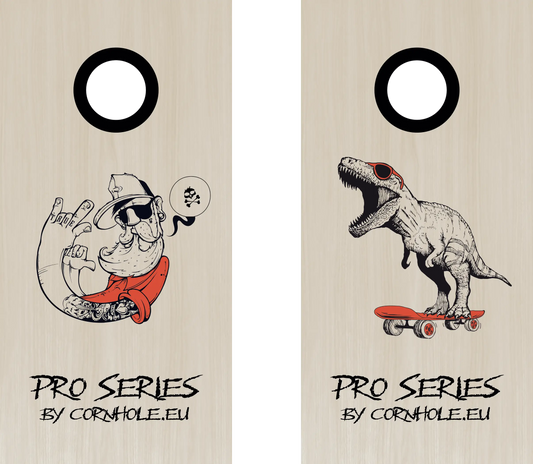 décor détaillé cornhole Pro de compétition deux planches hipster et t-rex sur son skate, vue de face