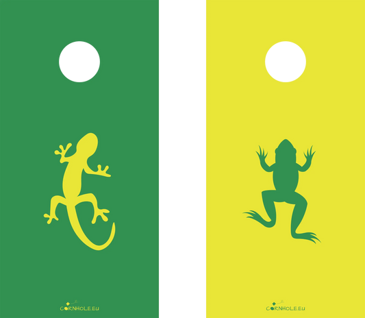 décor détaillé cornhole 2 planches grenouille et lézard gecko, vue de face