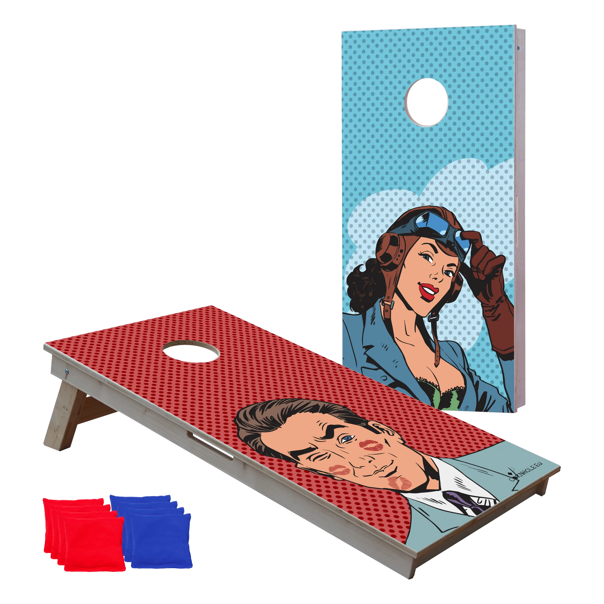 cornhole 2 planches pilote sexy et play-boy, vue de face