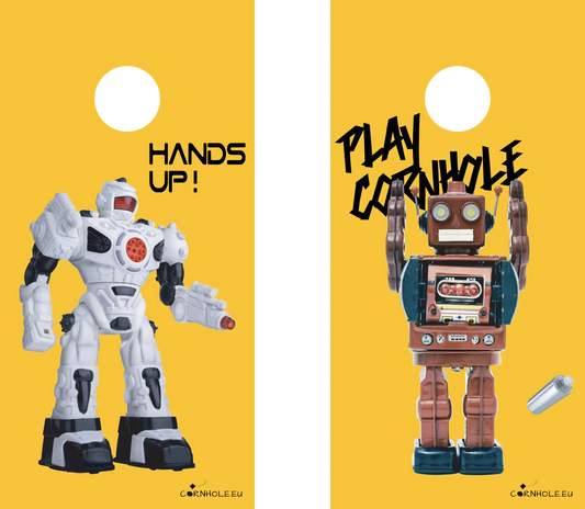 décor détaillé cornhole 2 planches robot moderne et robot vintage, vue de face