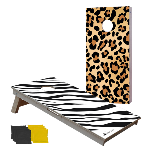 décor détaillé cornhole 2 planches pelage de zèbre et panthère, vue de face
