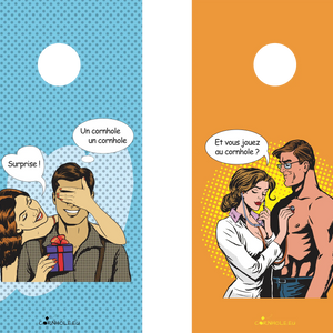 décor détaillé cornhole 2 planches couple médecin patient et couple en train d'offrir un cadeau, vue de face