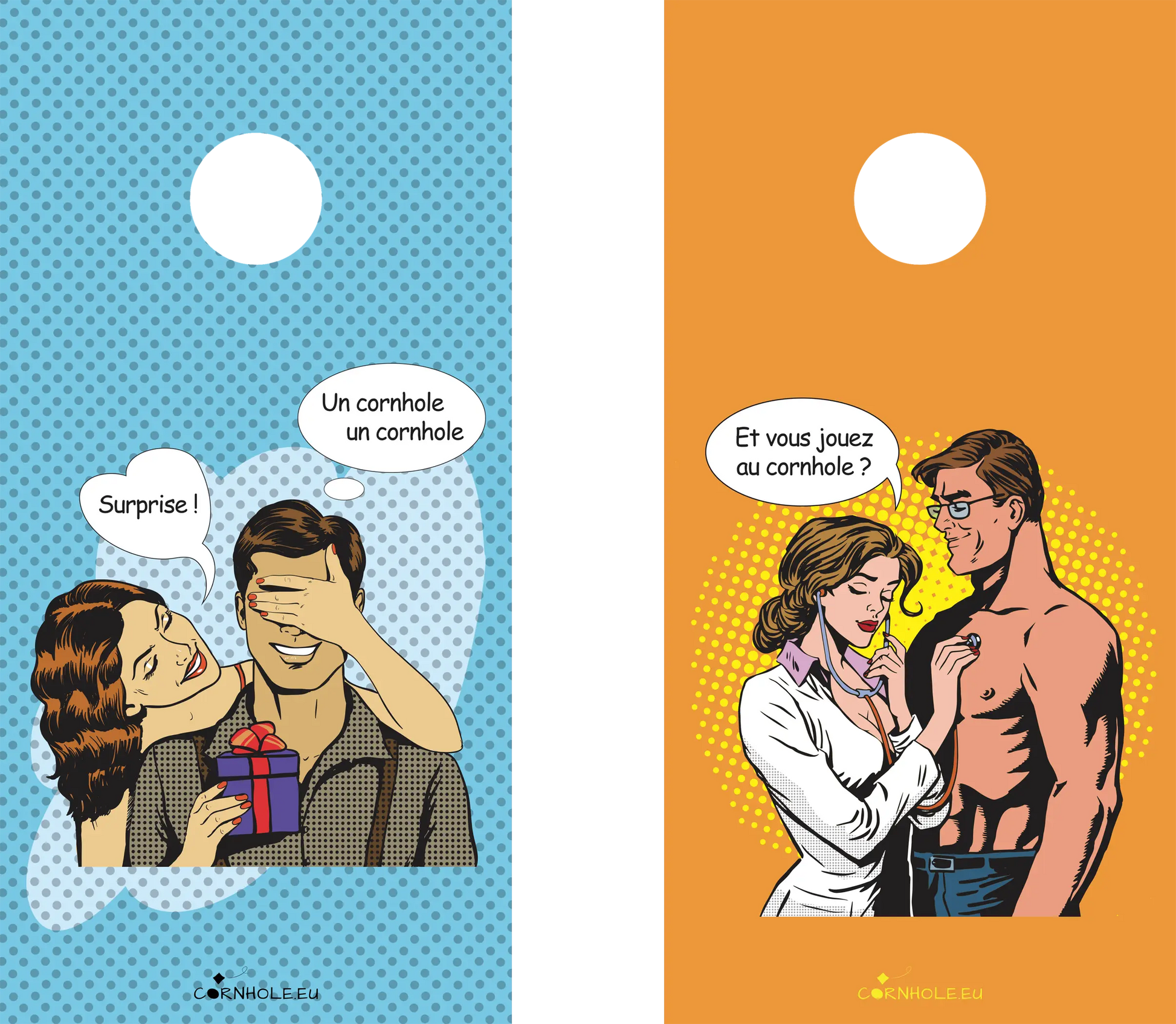 décor détaillé cornhole 2 planches couple médecin patient et couple en train d'offrir un cadeau, vue de face