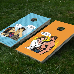 cornhole 2 planches couple médecin patient et couple en train d'offrir un cadeau, sur le gazon, vue de face