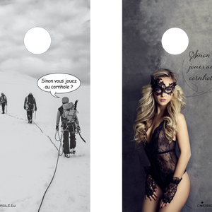 décor détaillé cornhole 2 planches cordée d'alpinistes et sexy girl, vue de face