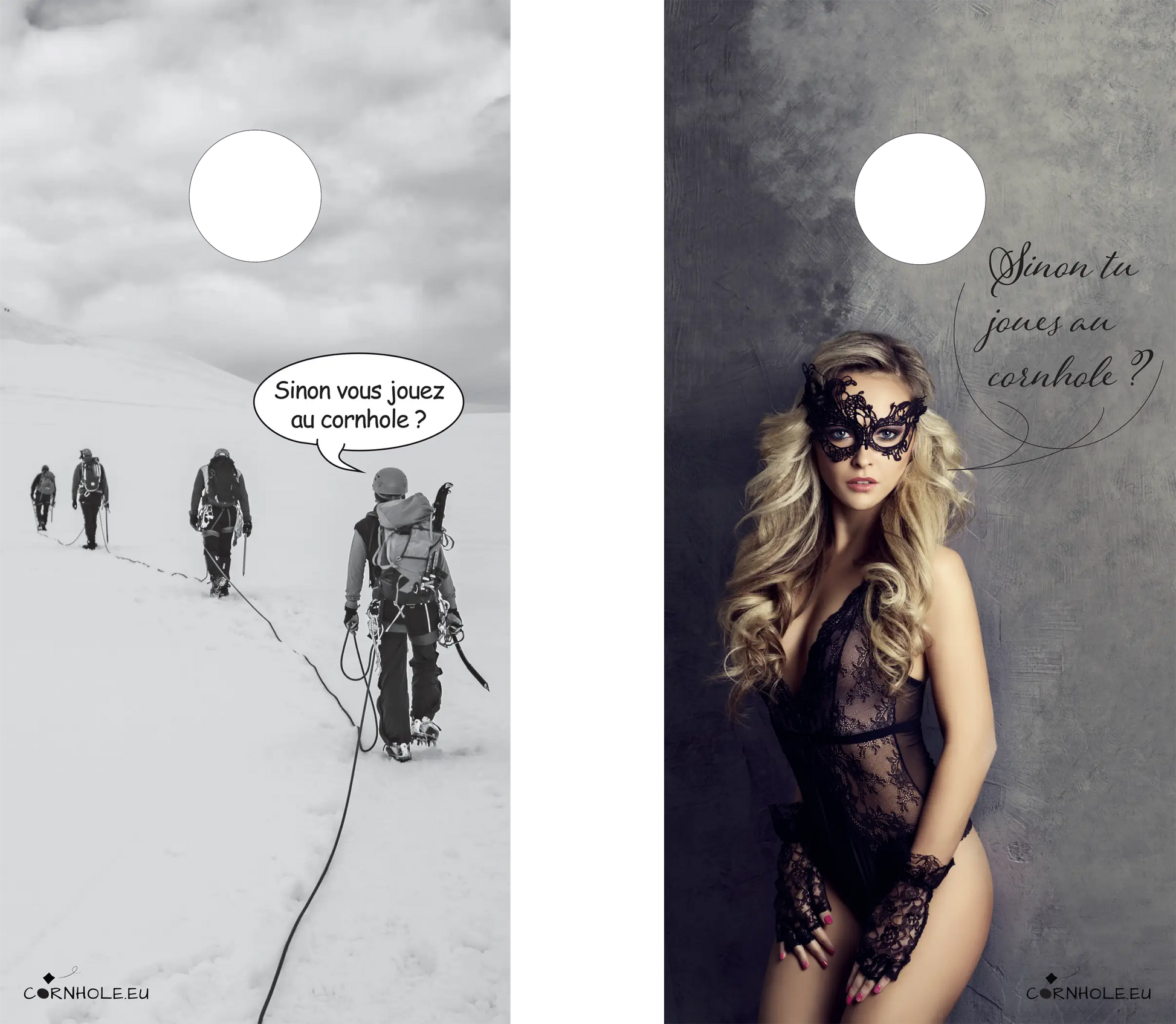 décor détaillé cornhole 2 planches cordée d'alpinistes et sexy girl, vue de face