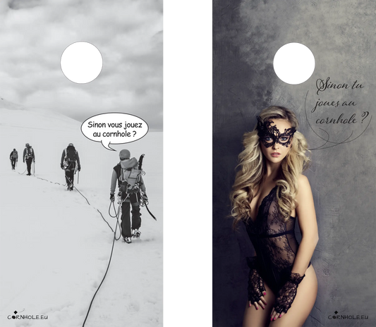 décor détaillé cornhole 2 planches cordée d'alpinistes et sexy girl, vue de face