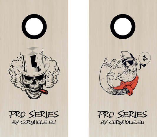décor détaillé cornhole Pro de compétition deux planches tête de mort et hipster, vue de face