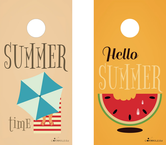 décor détaillé cornhole 2 planches parasol summer time et pastèque hello summer, vue de face