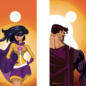 décor détaillé cornhole 2 planches couple de super héros, vue de face