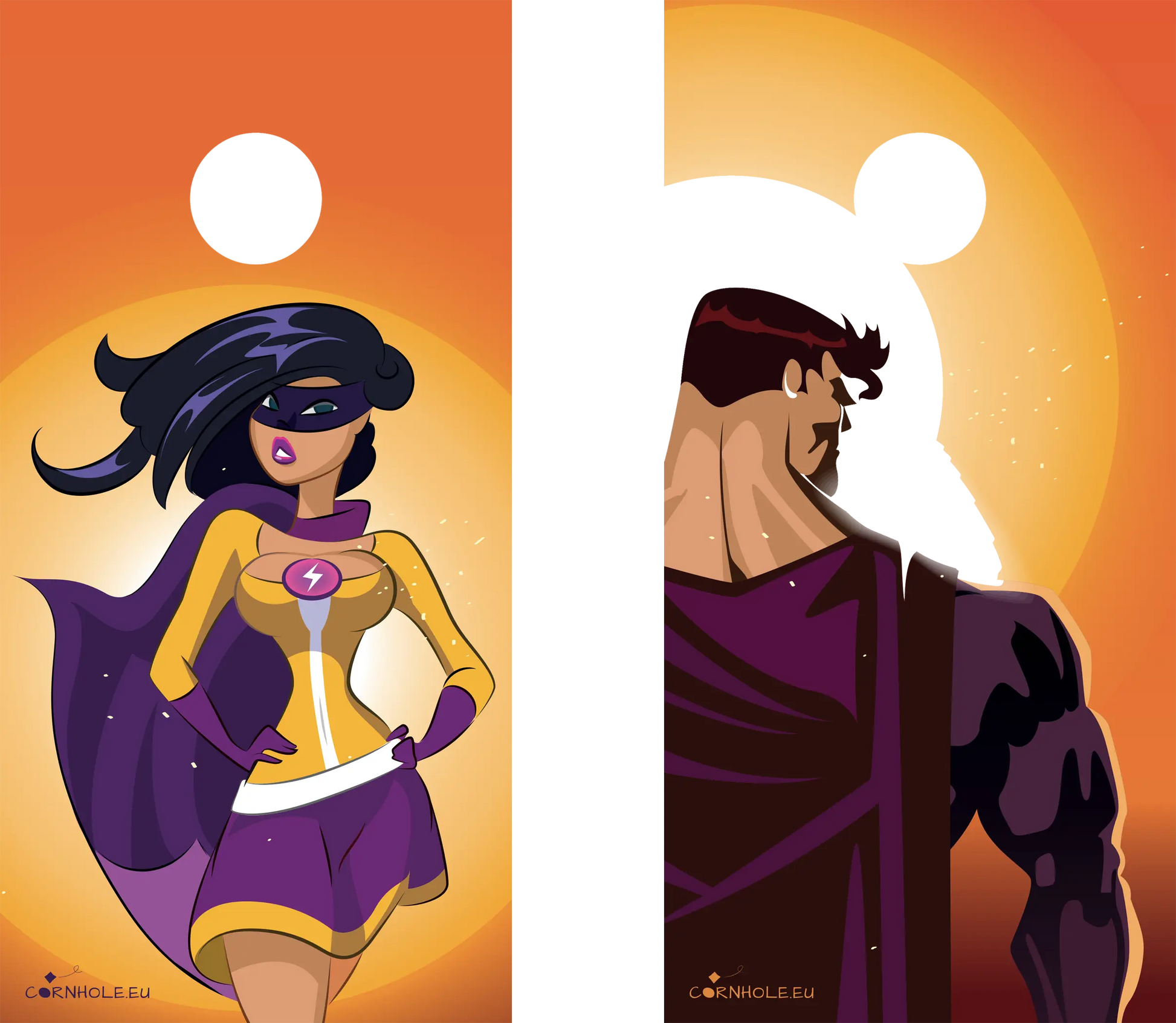 décor détaillé cornhole 2 planches couple de super héros, vue de face