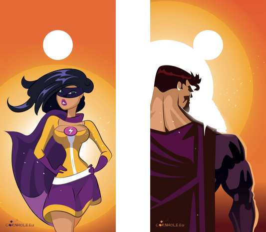 décor détaillé cornhole 2 planches couple de super héros, vue de face