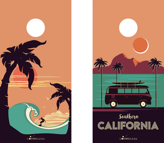 décor détaillé cornhole 2 planches surfeur et combi vw, vue de face