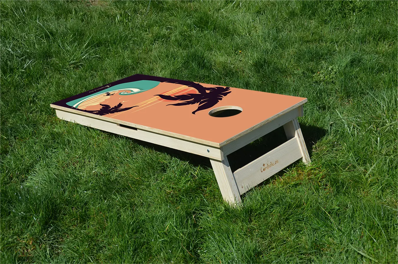 cornhole van de voyage en californie, sur le gazon, vue de derrière