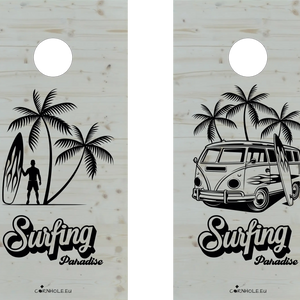 décor détaillé cornhole 2 planches surfeur et van de surf vw, vue de face
