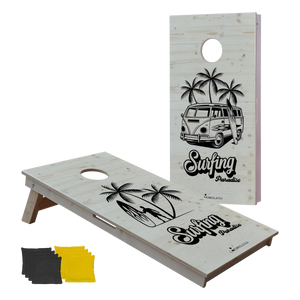cornhole 2 planches surfeur et van de surf vw, vue de face