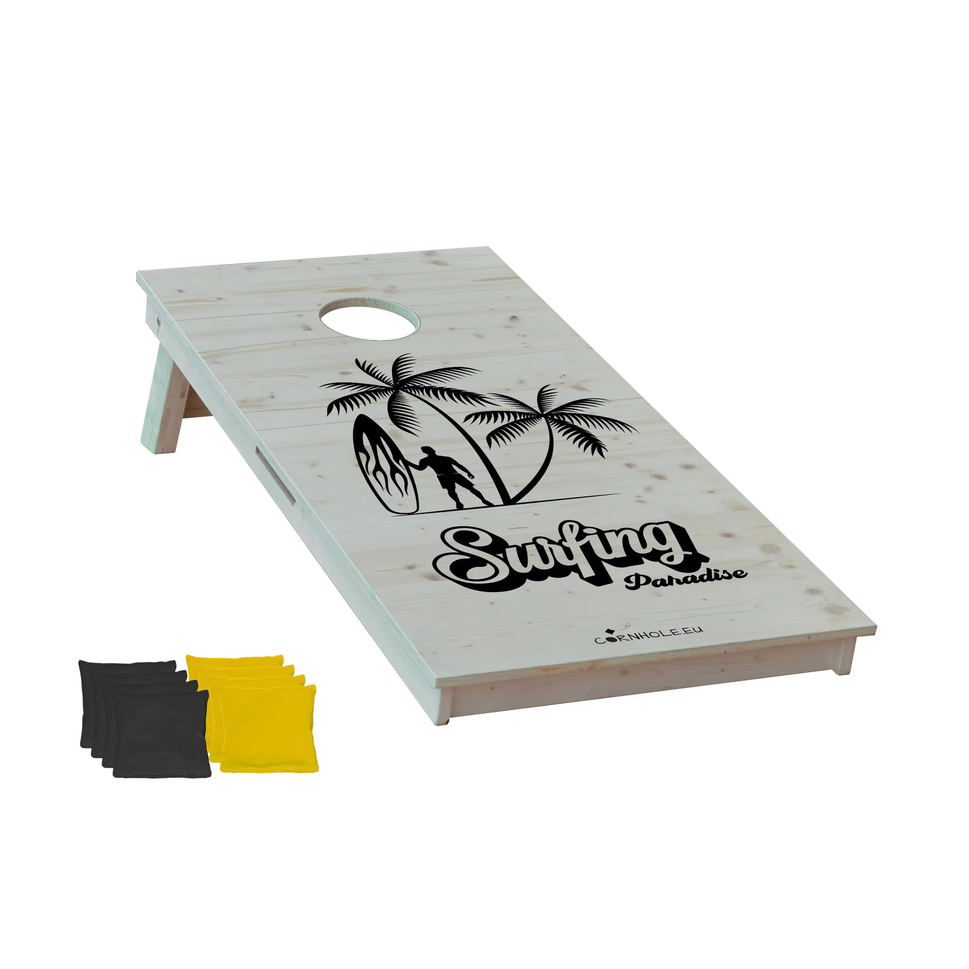 cornhole surfeur avec sa planche sous les palmiers, vue de face
