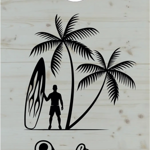 décor détaillé cornhole surfeur avec sa planche sous les palmiers, vue de face
