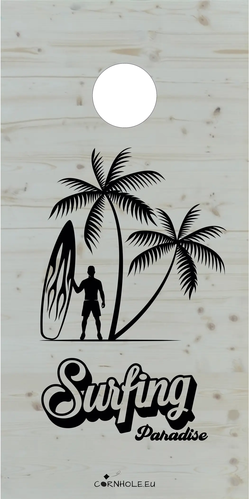décor détaillé cornhole surfeur avec sa planche sous les palmiers, vue de face