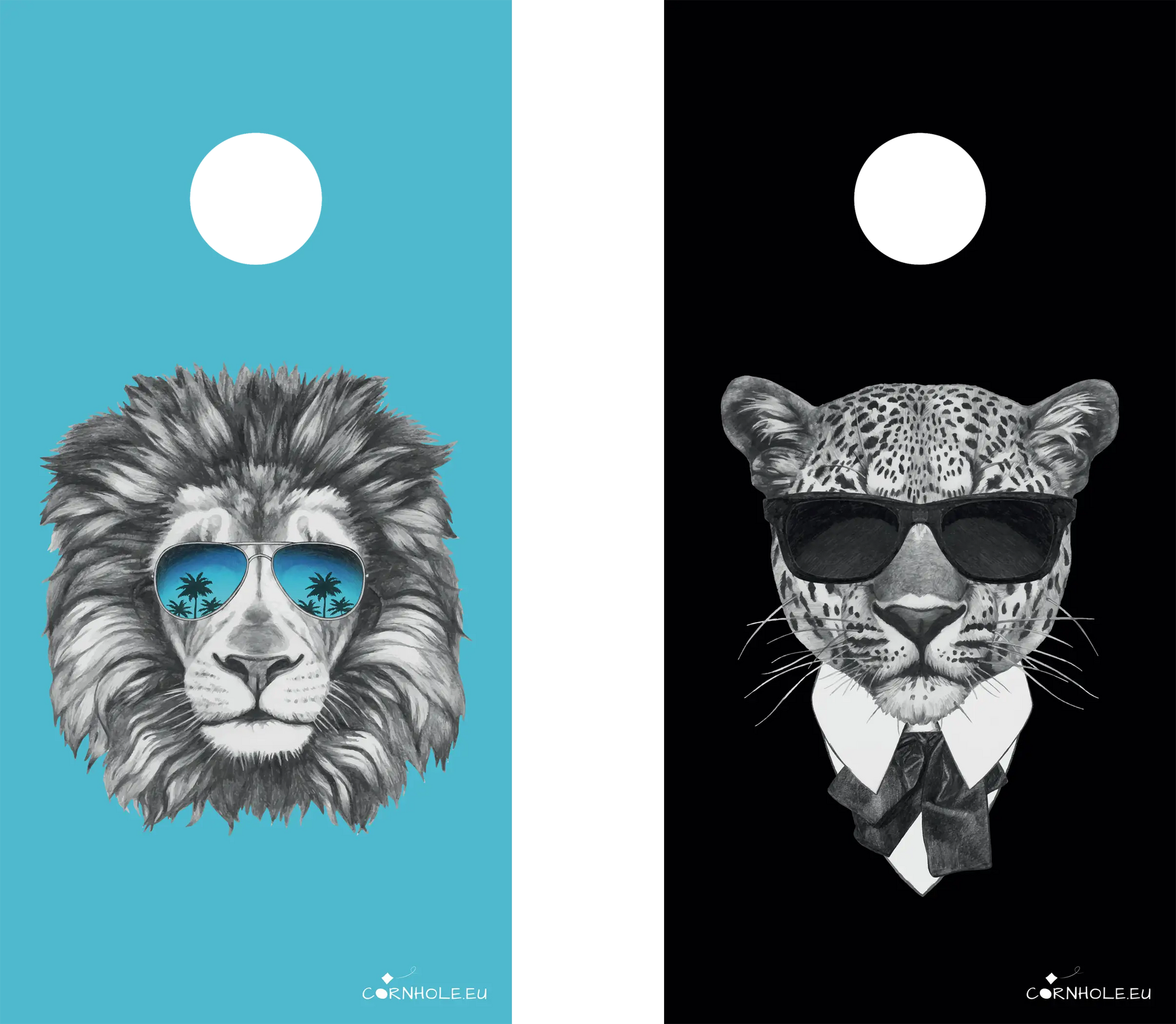 décor détaillé cornhole 2 planches lion et léopard qui se la jouent grave, vue de face
