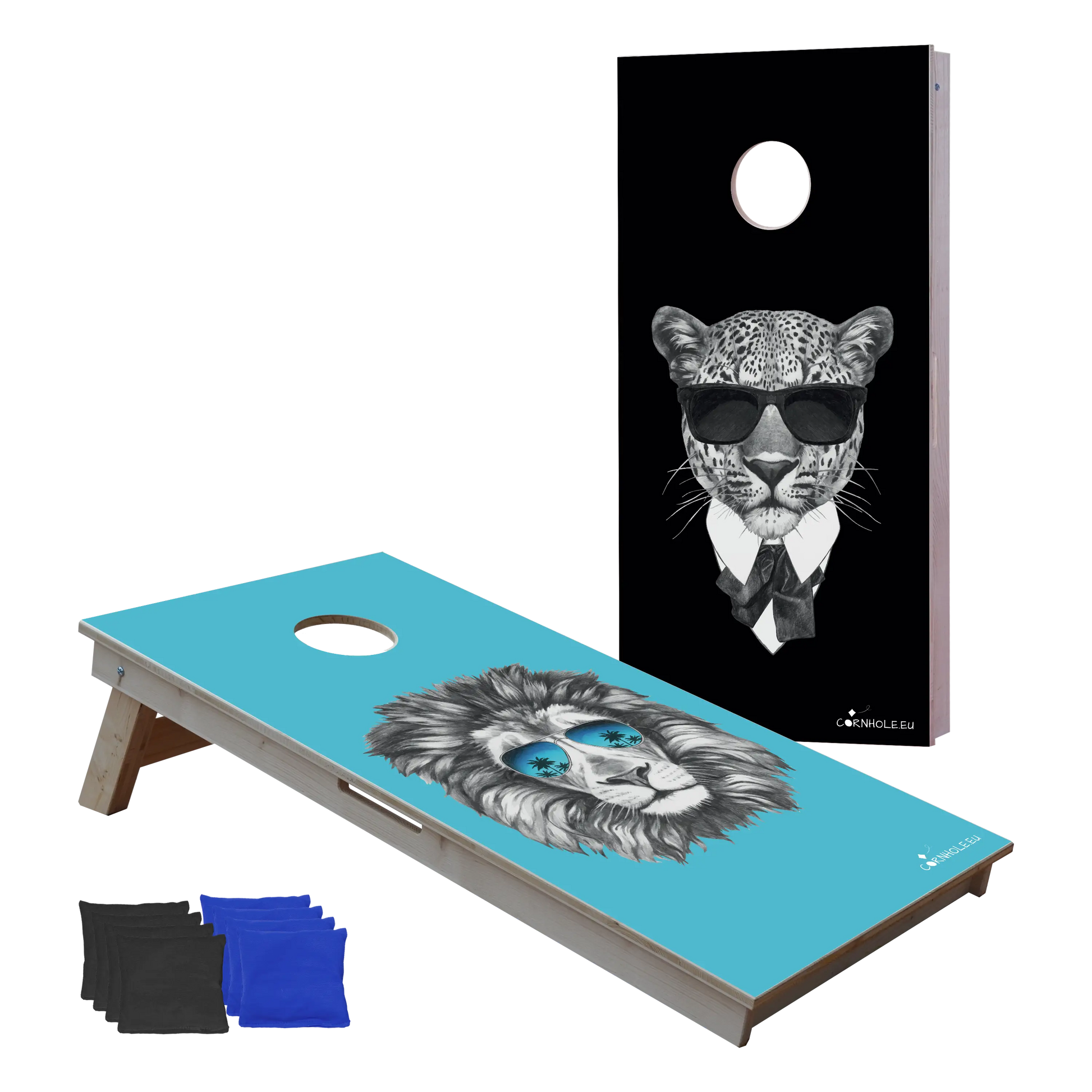 cornhole 2 planches lion et léopard qui se la jouent grave, vue de face