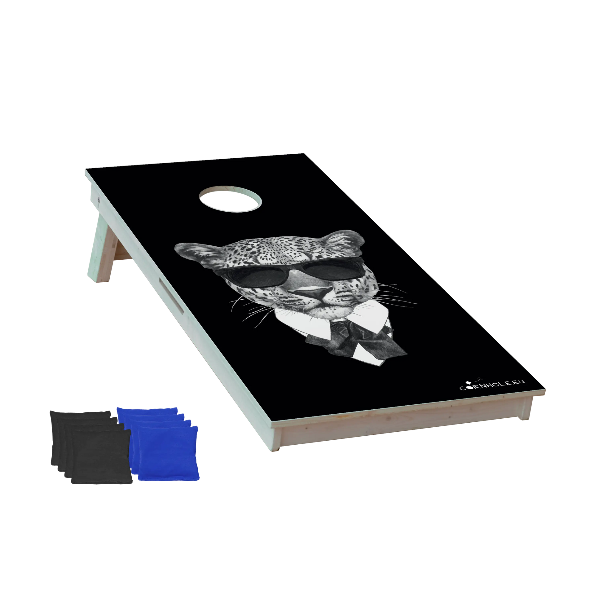 cornhole leopard en smoking, vue de face