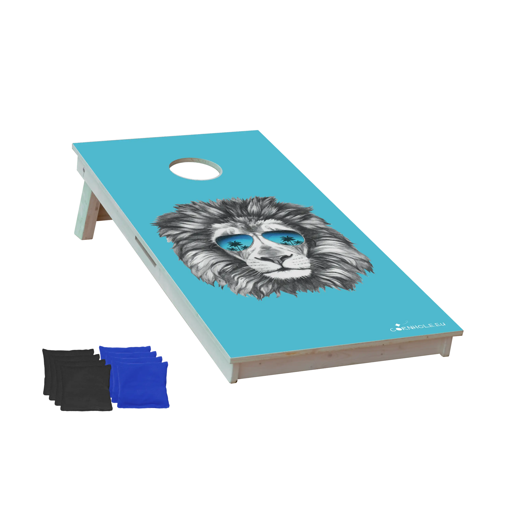 cornhole lion plutôt cool et ses lunettes de soleil, vue de face