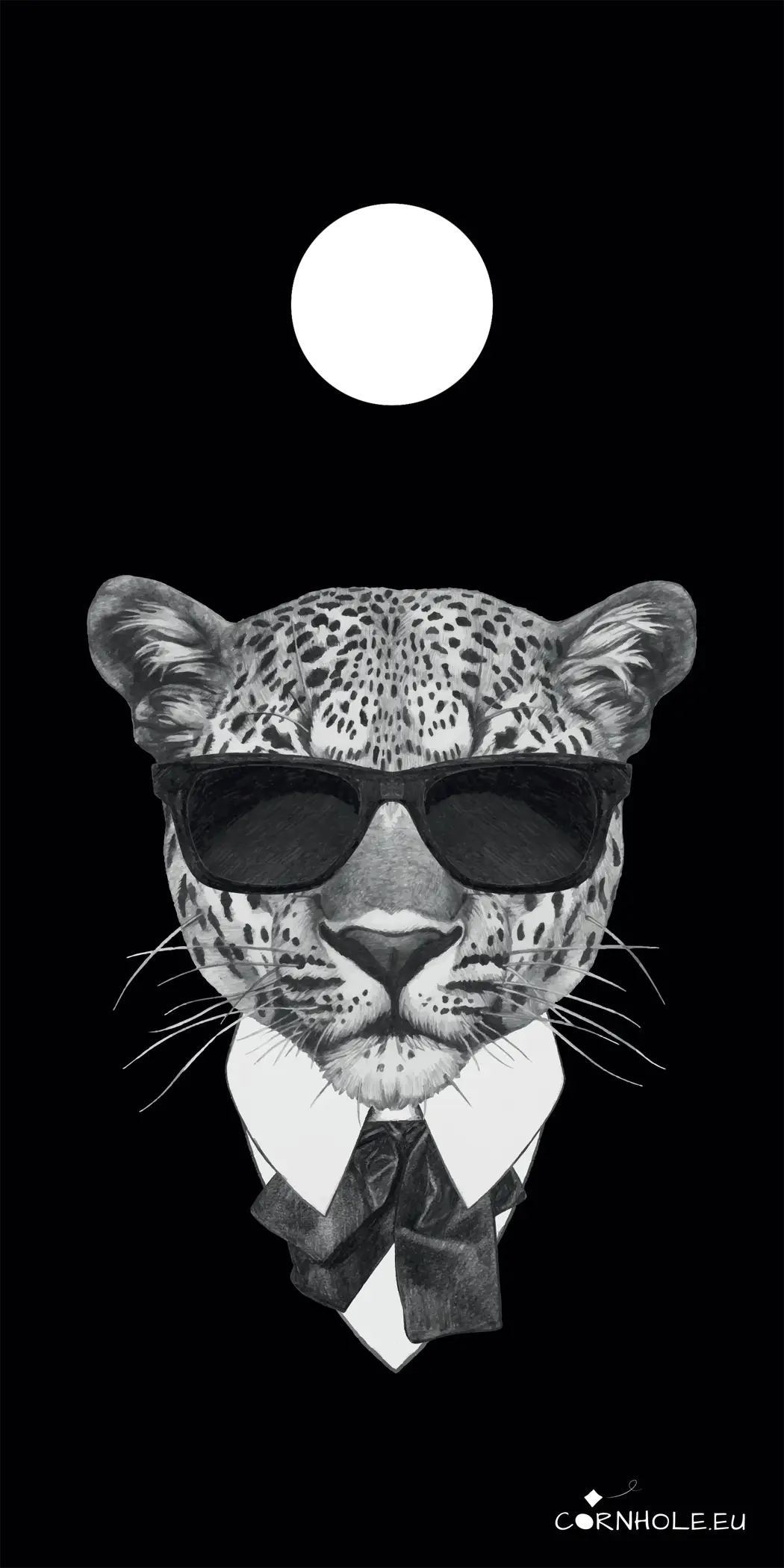 décor détaillé cornhole leopard en smoking, vue de face