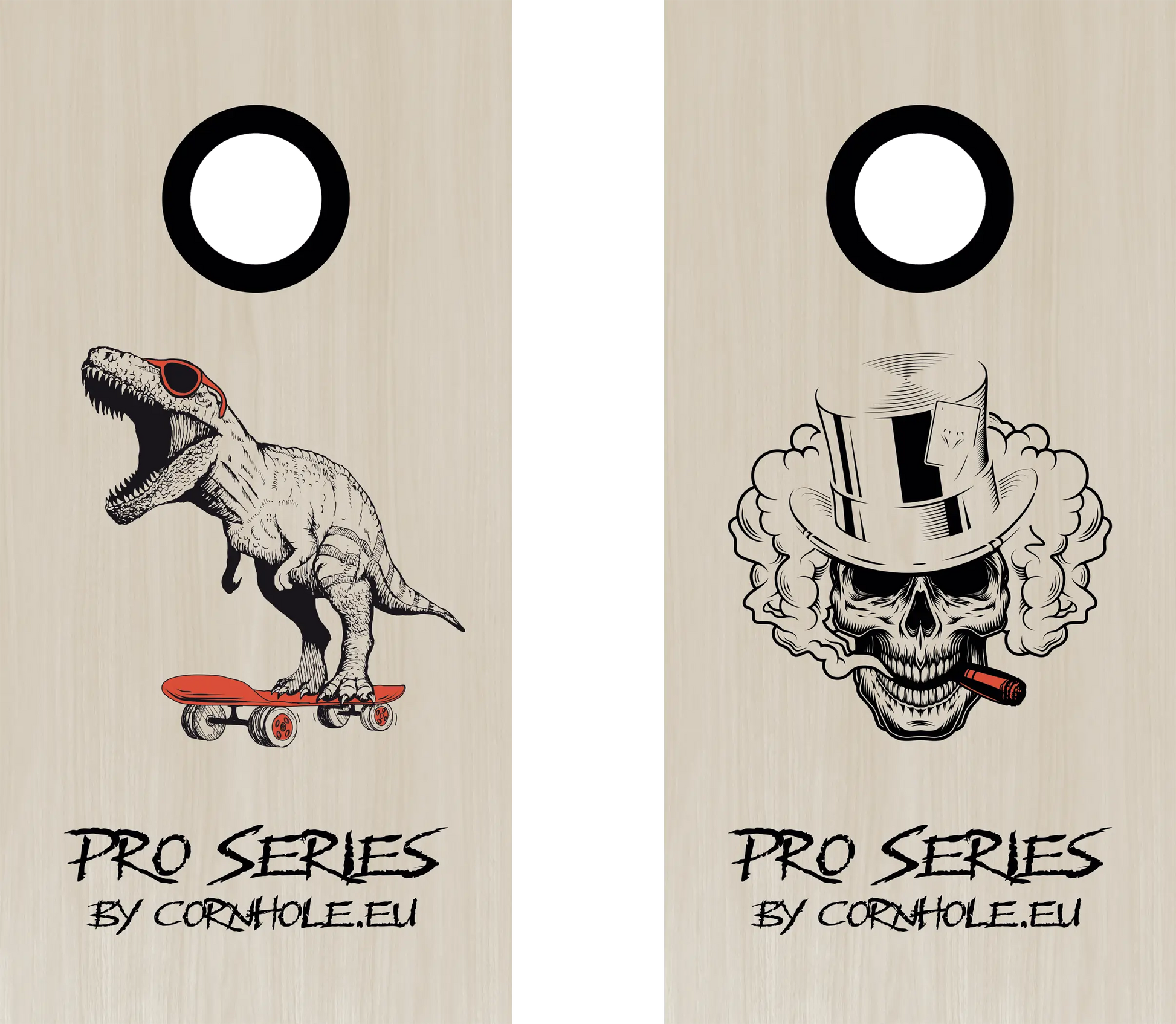 décor détaillé cornhole Pro de compétition deux planches t-rex sur son skate et tête de mort, vue de face